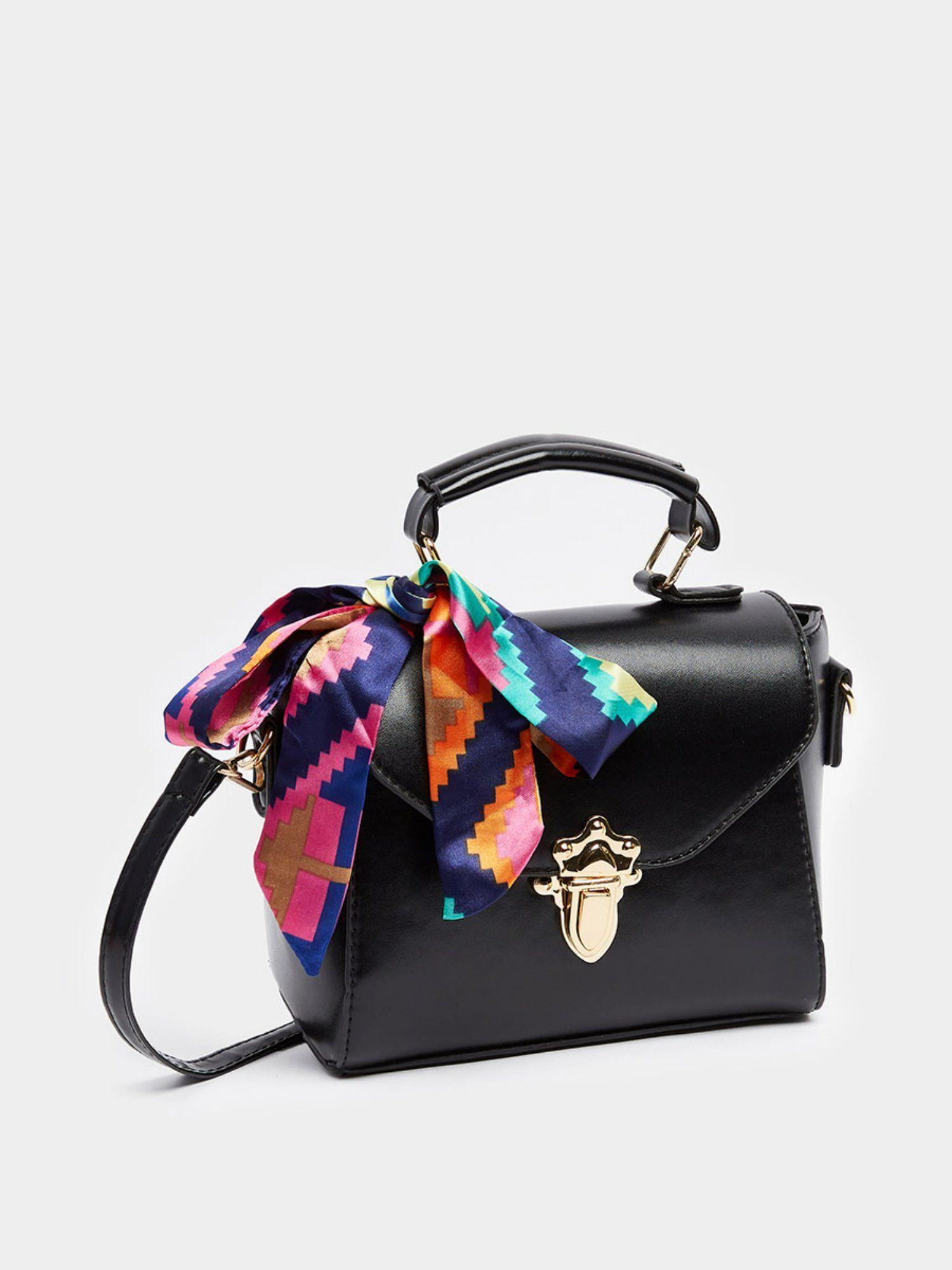 black flap over handbag with scarf detail