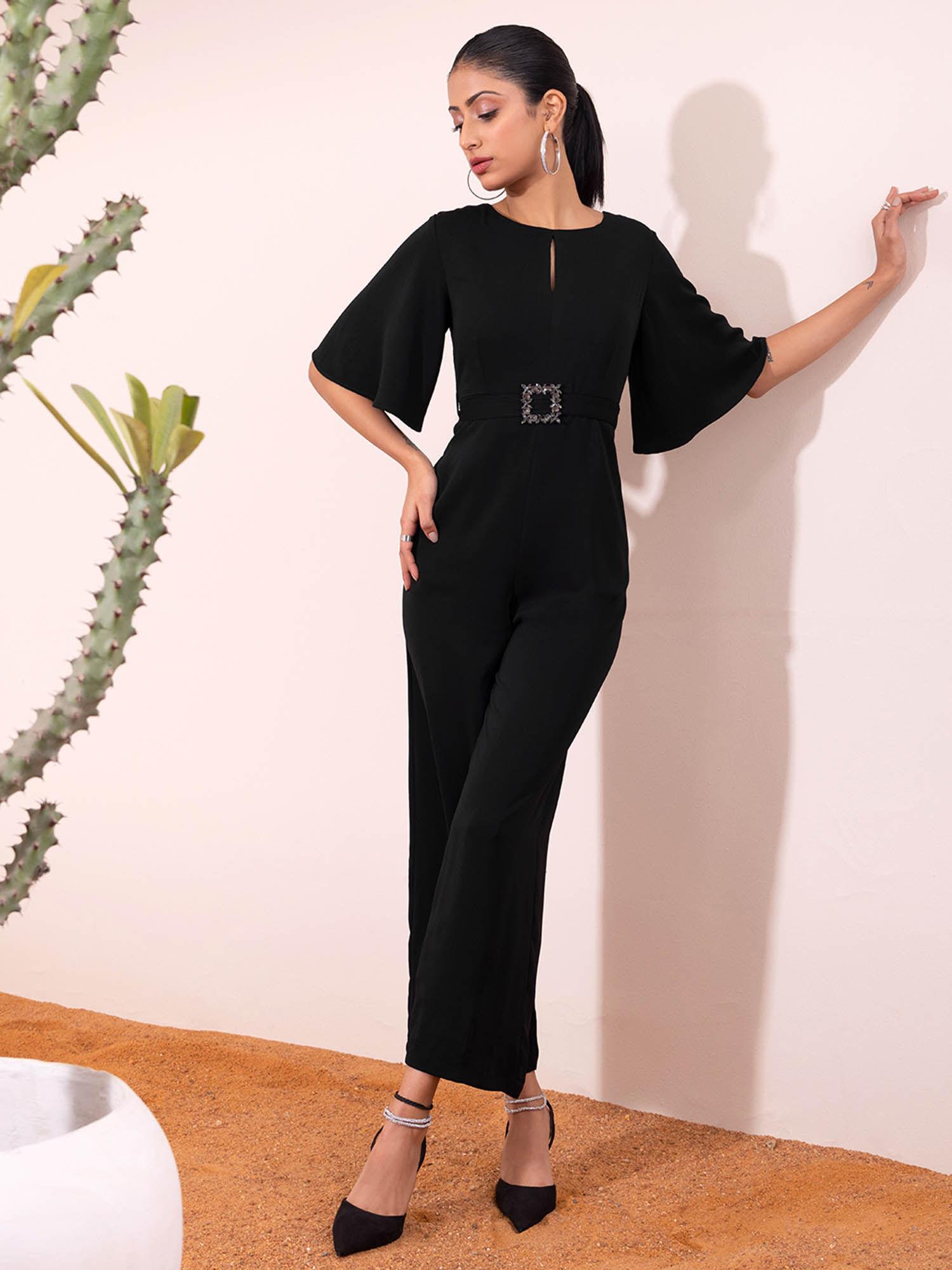 black flare sleeve jumpsuit with self fabric buckle belt (set of 2)