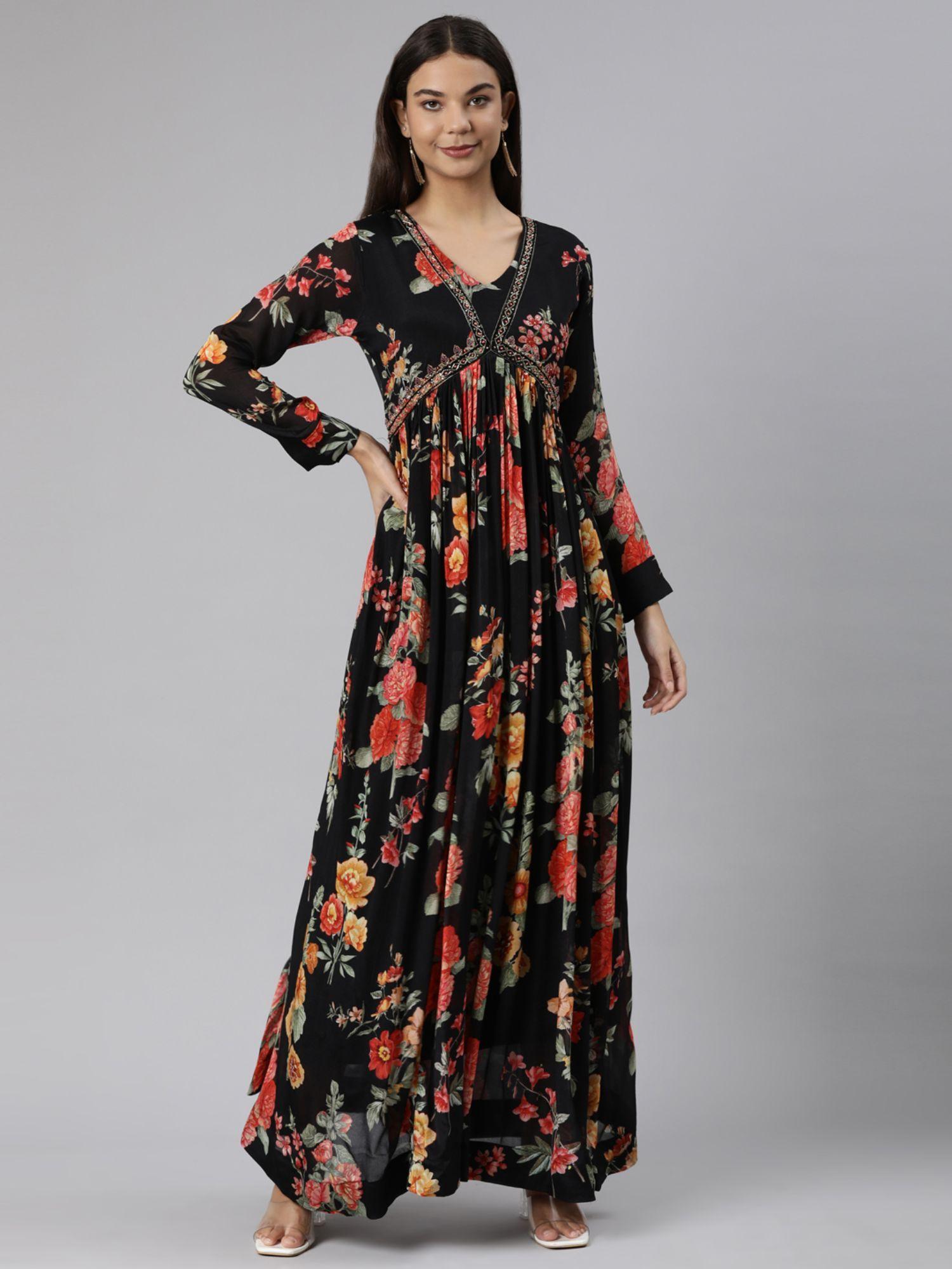 black flared casual floral dress