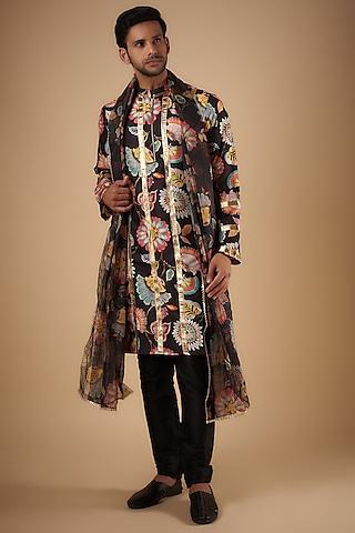 black flat silk printed kurta set