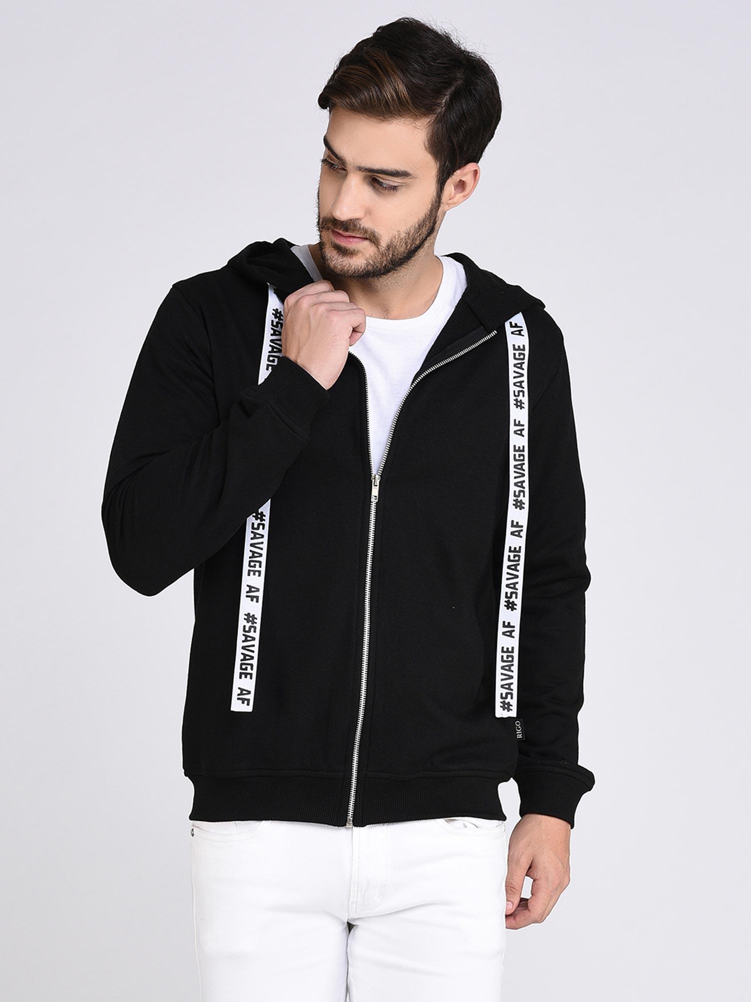 black fleece hooded with front zip open sweatshirt-full