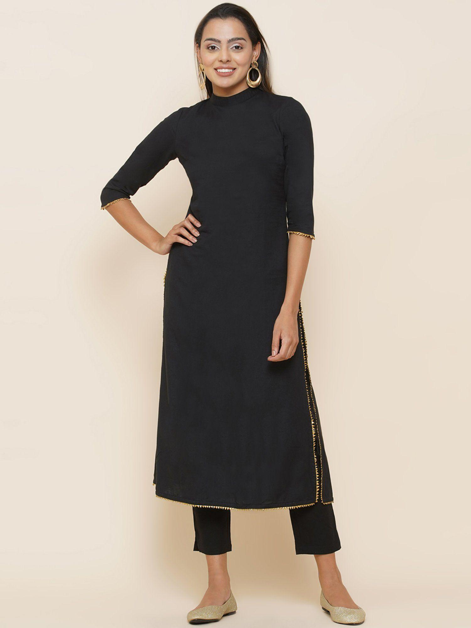 black flex with a centre back and side slit kurta pants (set of 2)