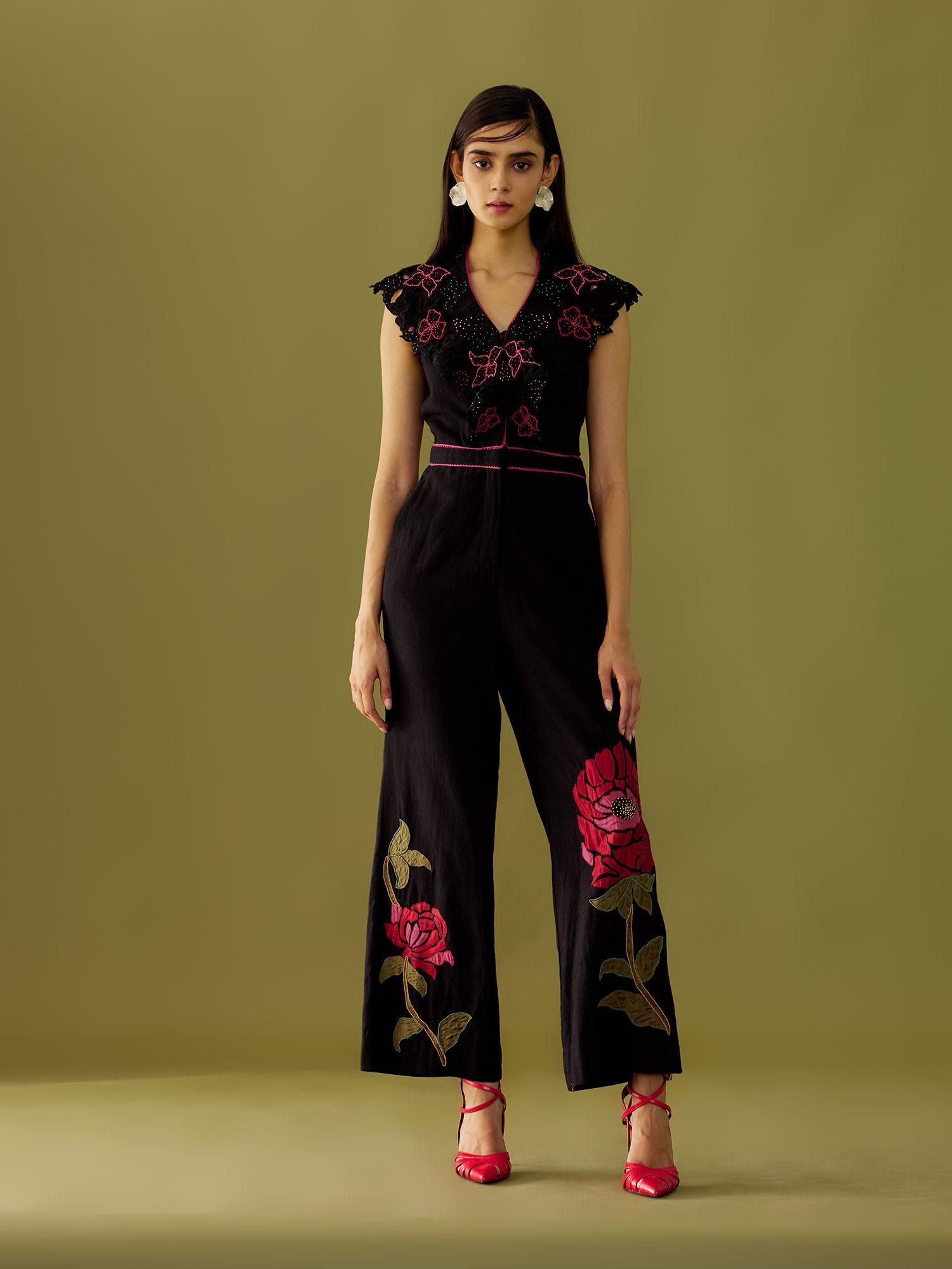 black floral applique and beadwork kala cotton jumpsuit