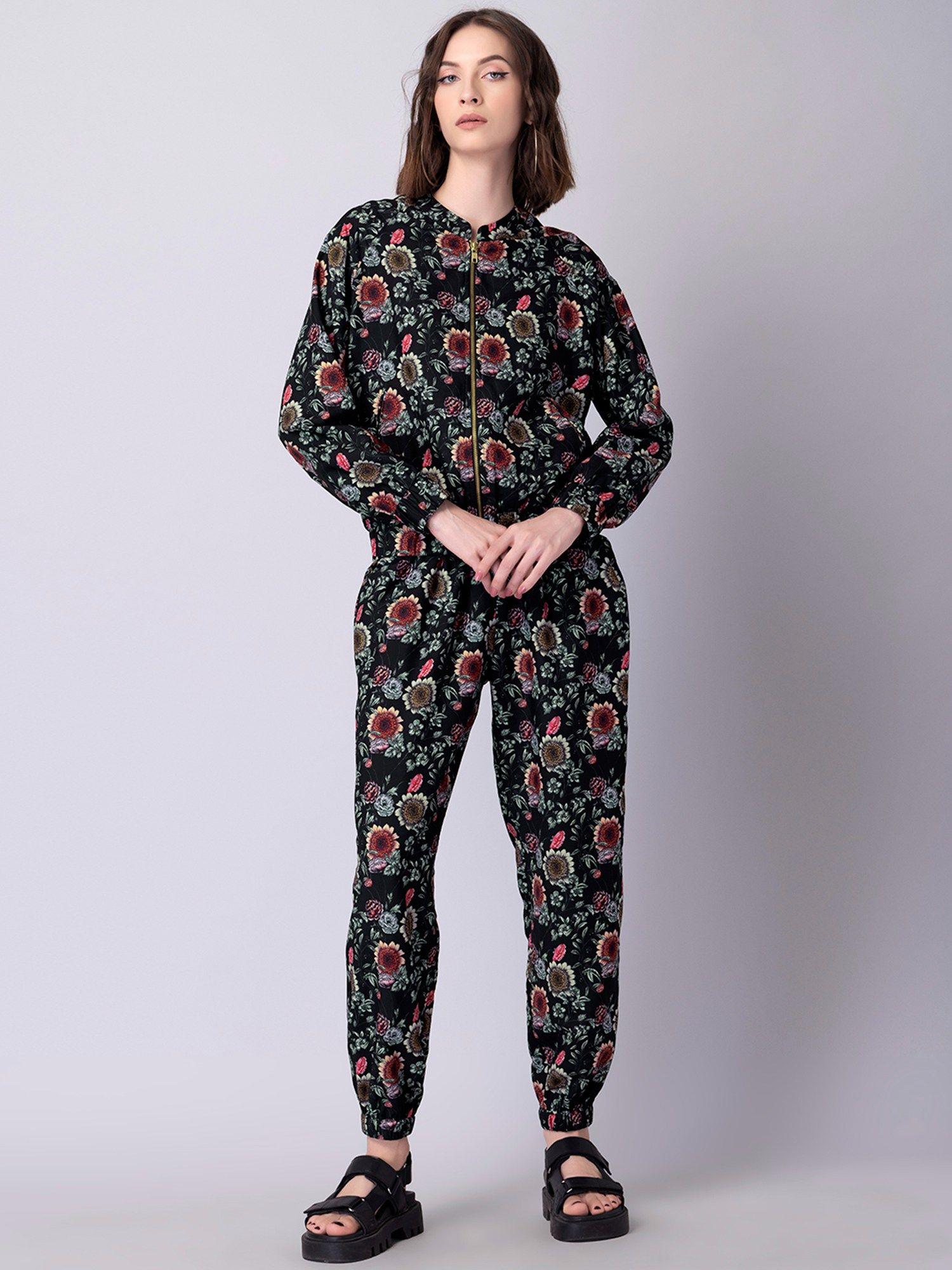 black floral bomber jacket and jogger pants co-ord set (pack of 2)