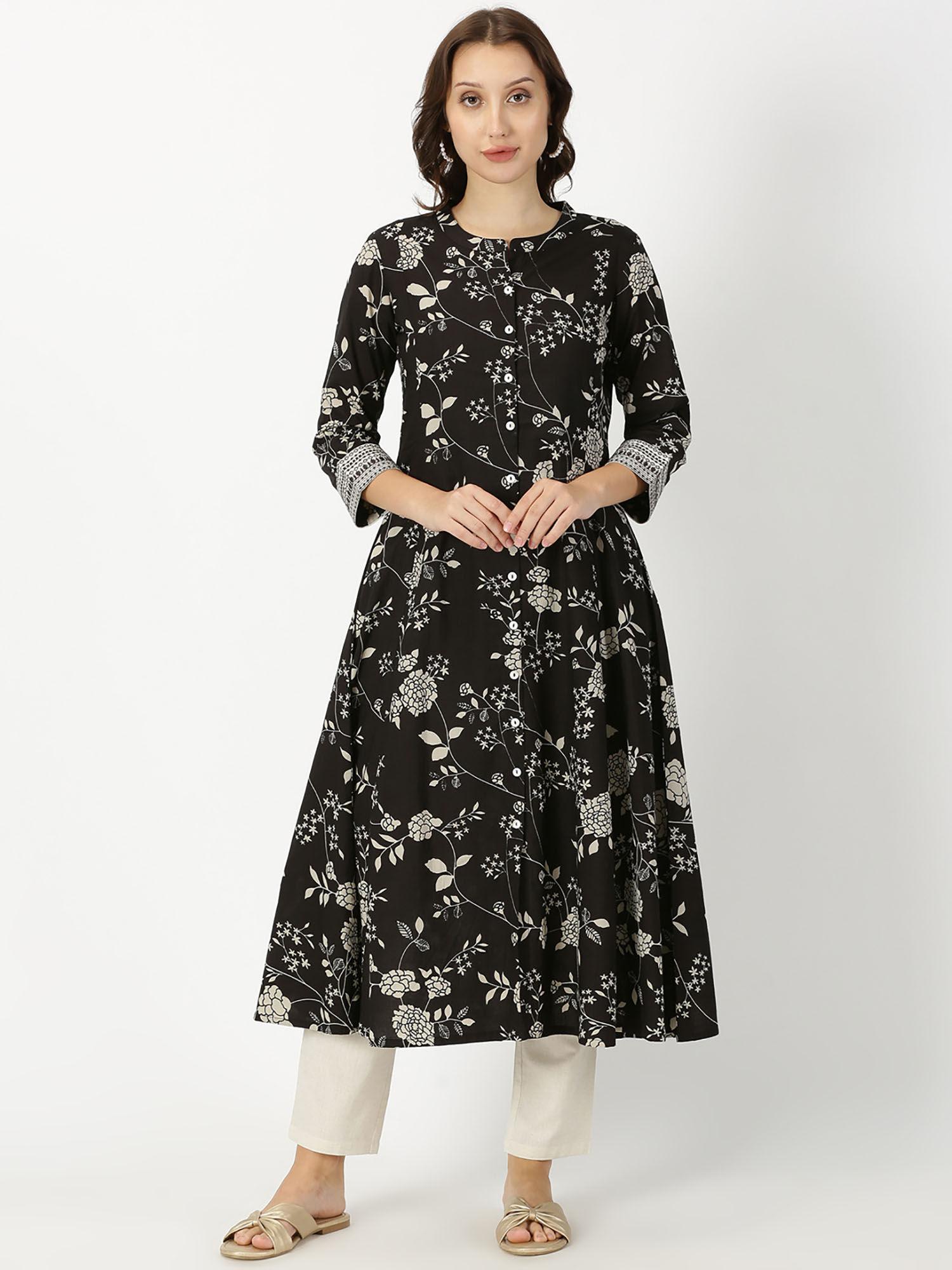 black floral button-down kurta with embroidery border