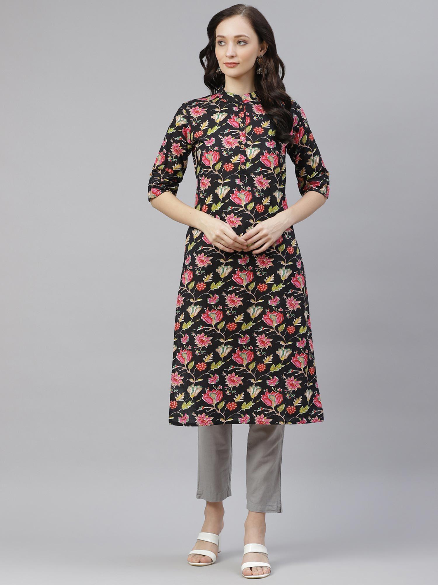 black floral cotton straight kurta