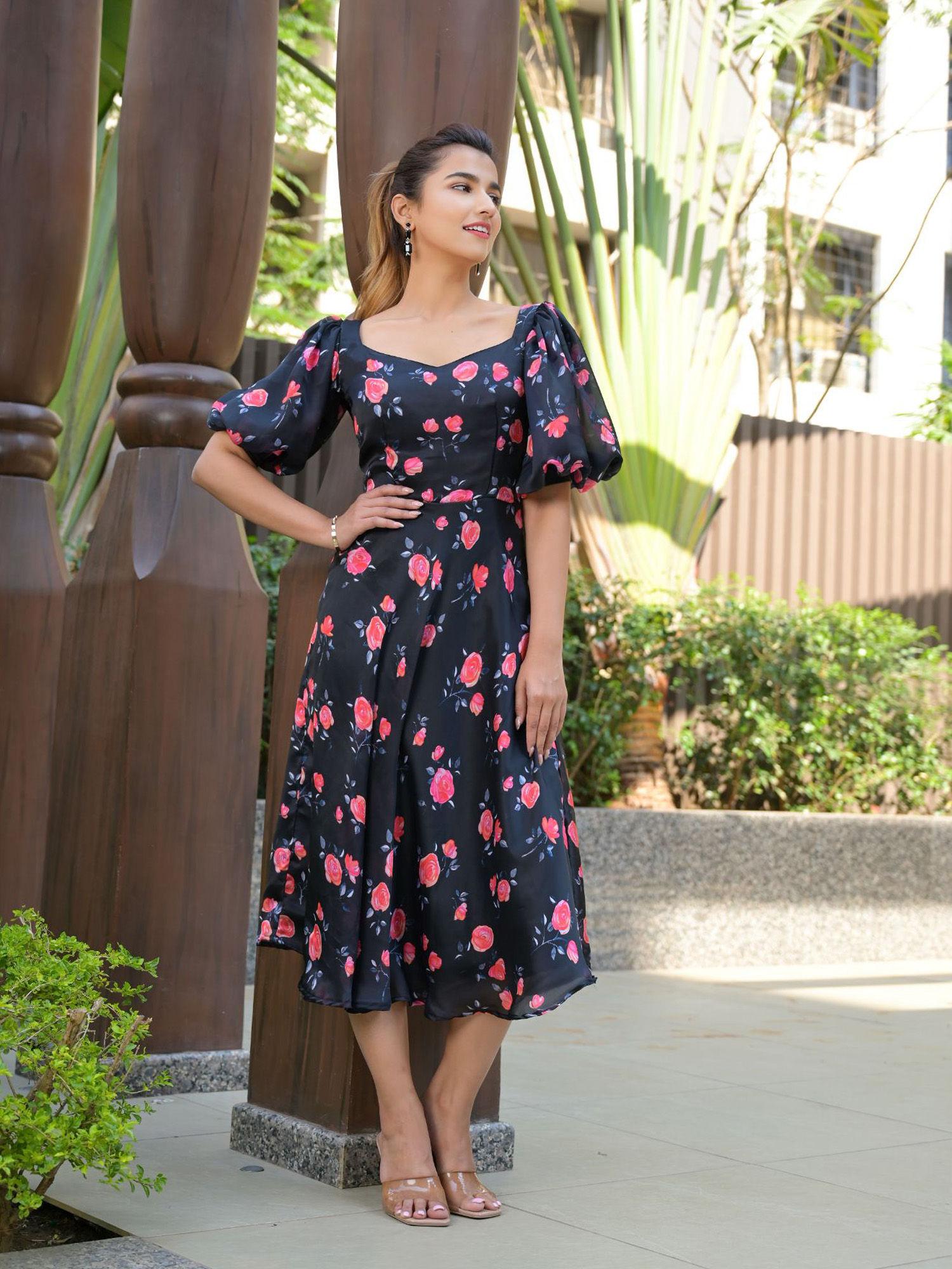 black floral digital printed floral fit & flare midi dress