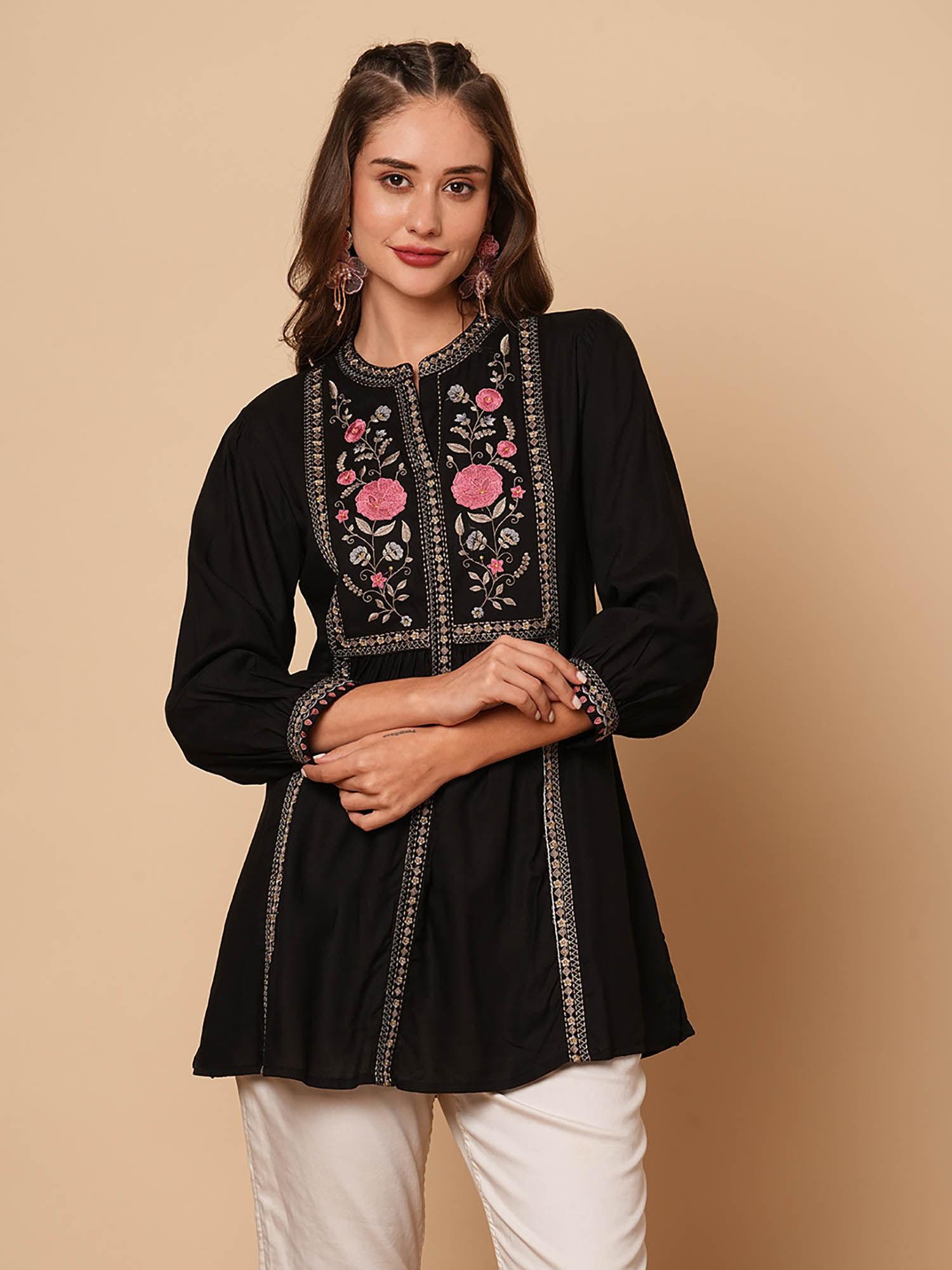 black floral embroidered a-line pleated short kurti