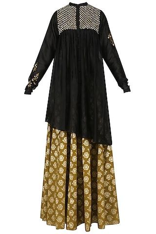 black floral embroidered anarkali kurta and skirt set