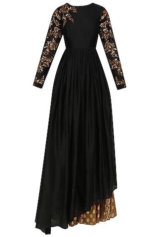 black floral embroidered asymmetric kurta and skirt set