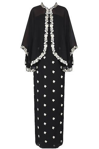 black floral embroidered jacket style cape with embroidered skirt