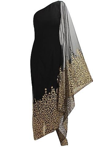 black floral embroidered kaftan saree with black net churidaar