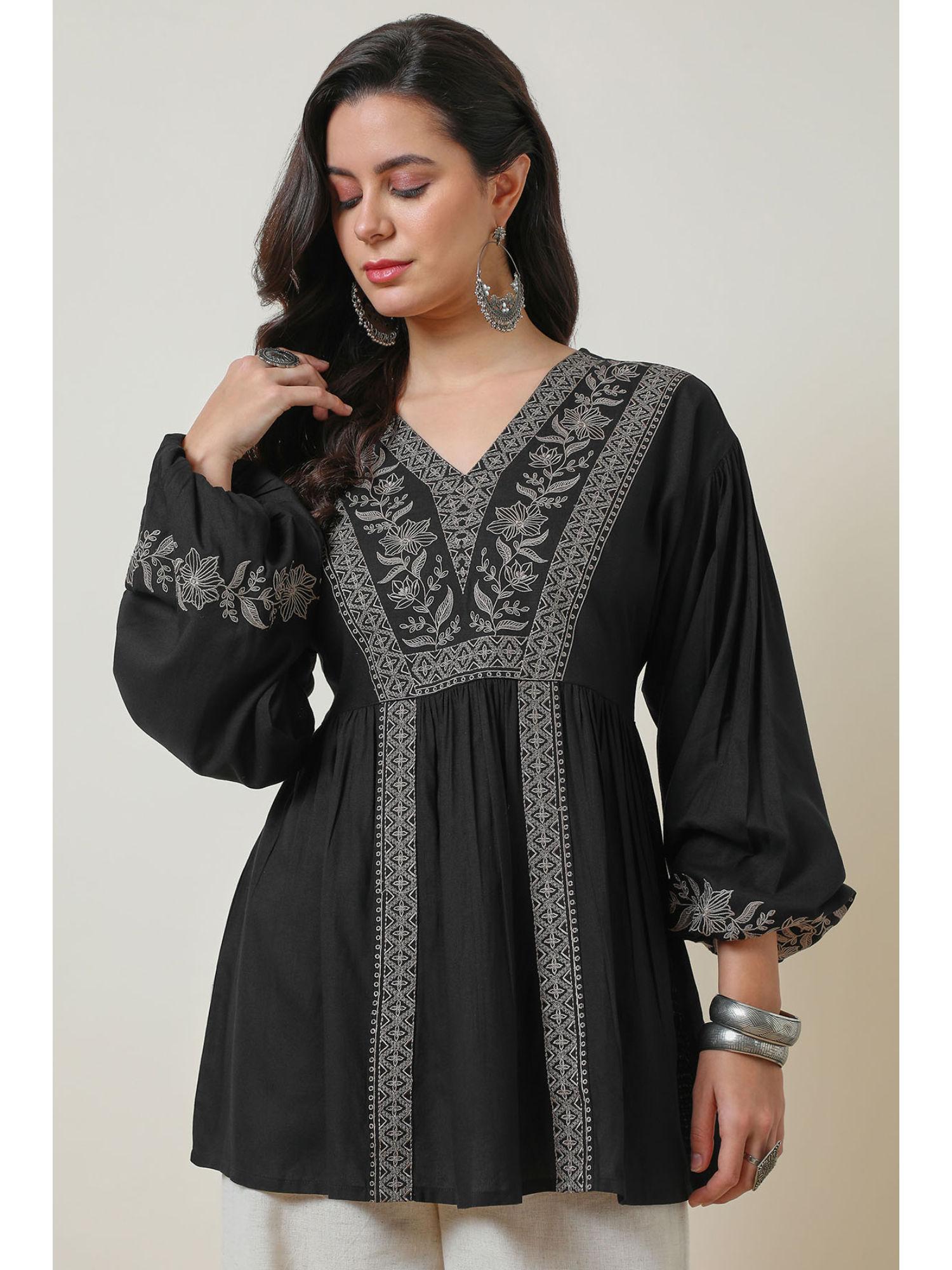 black floral embroidered rayon tunic with cuff sleeves