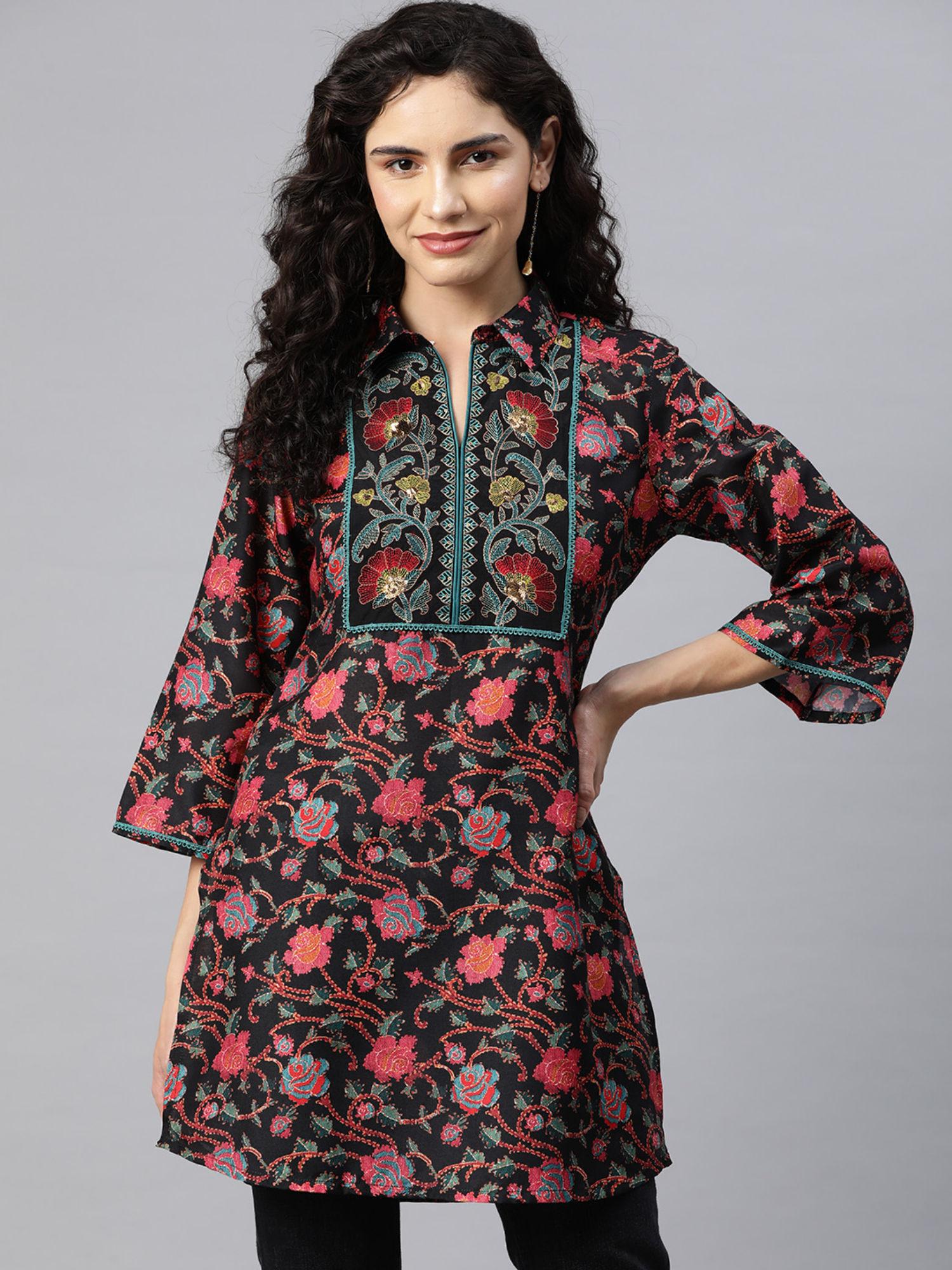 black floral embroidered shirt collar tunic