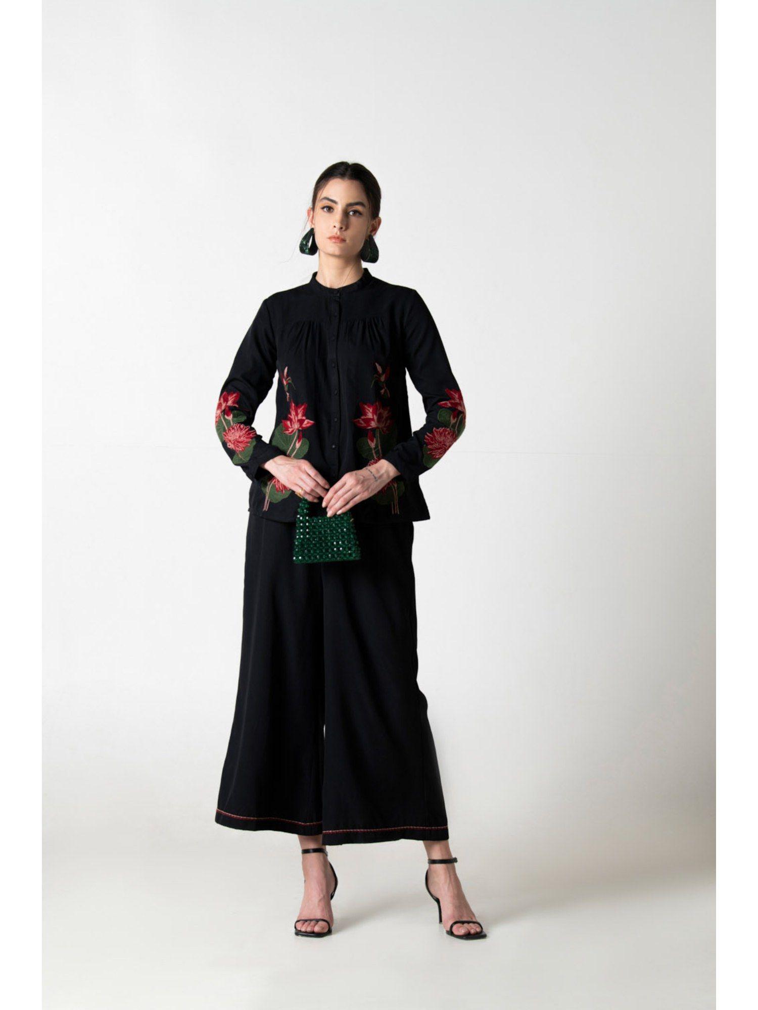 black floral embroidered shirt with palazzos co-ord (set of 2)
