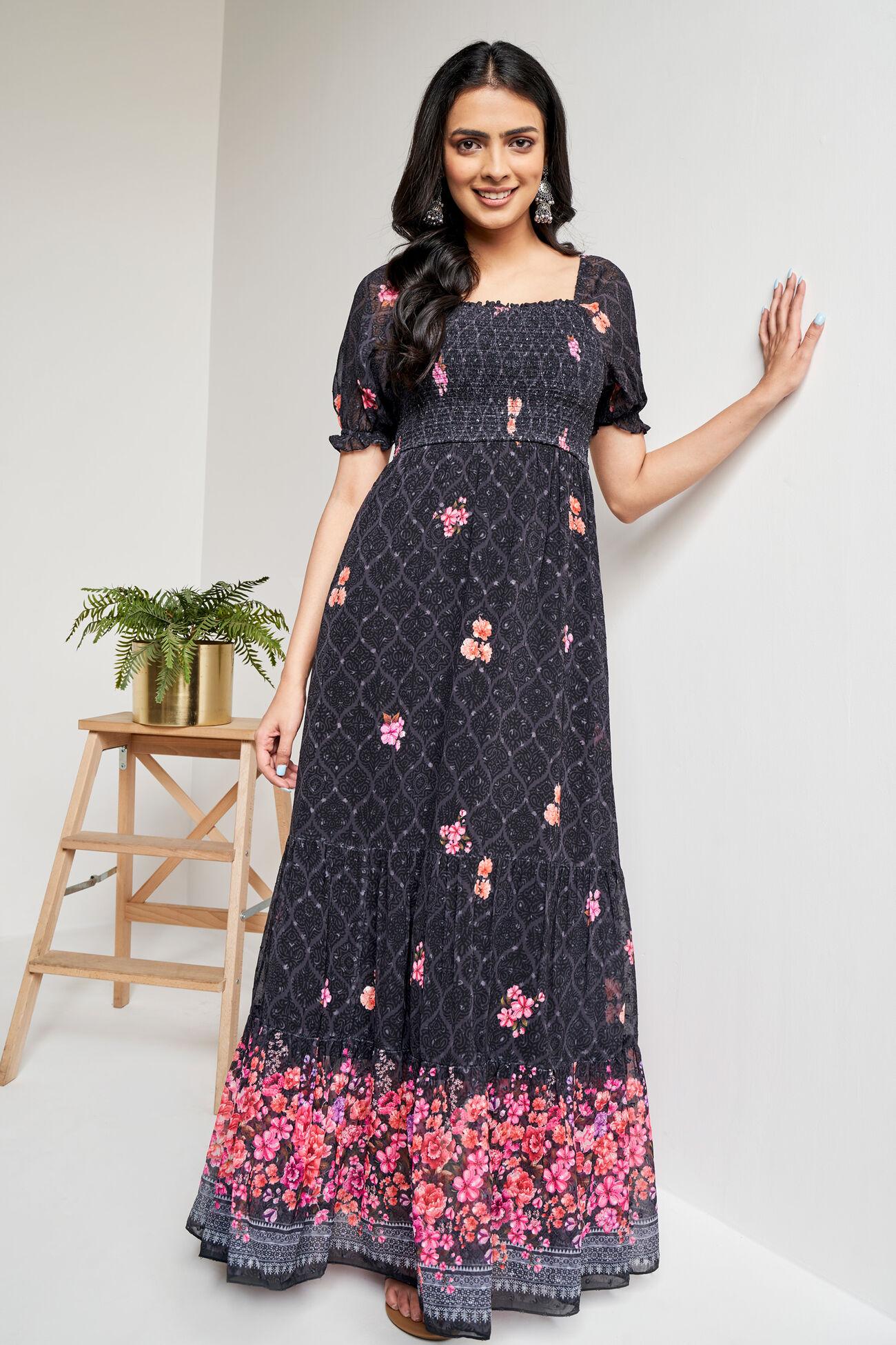 black floral flared gown