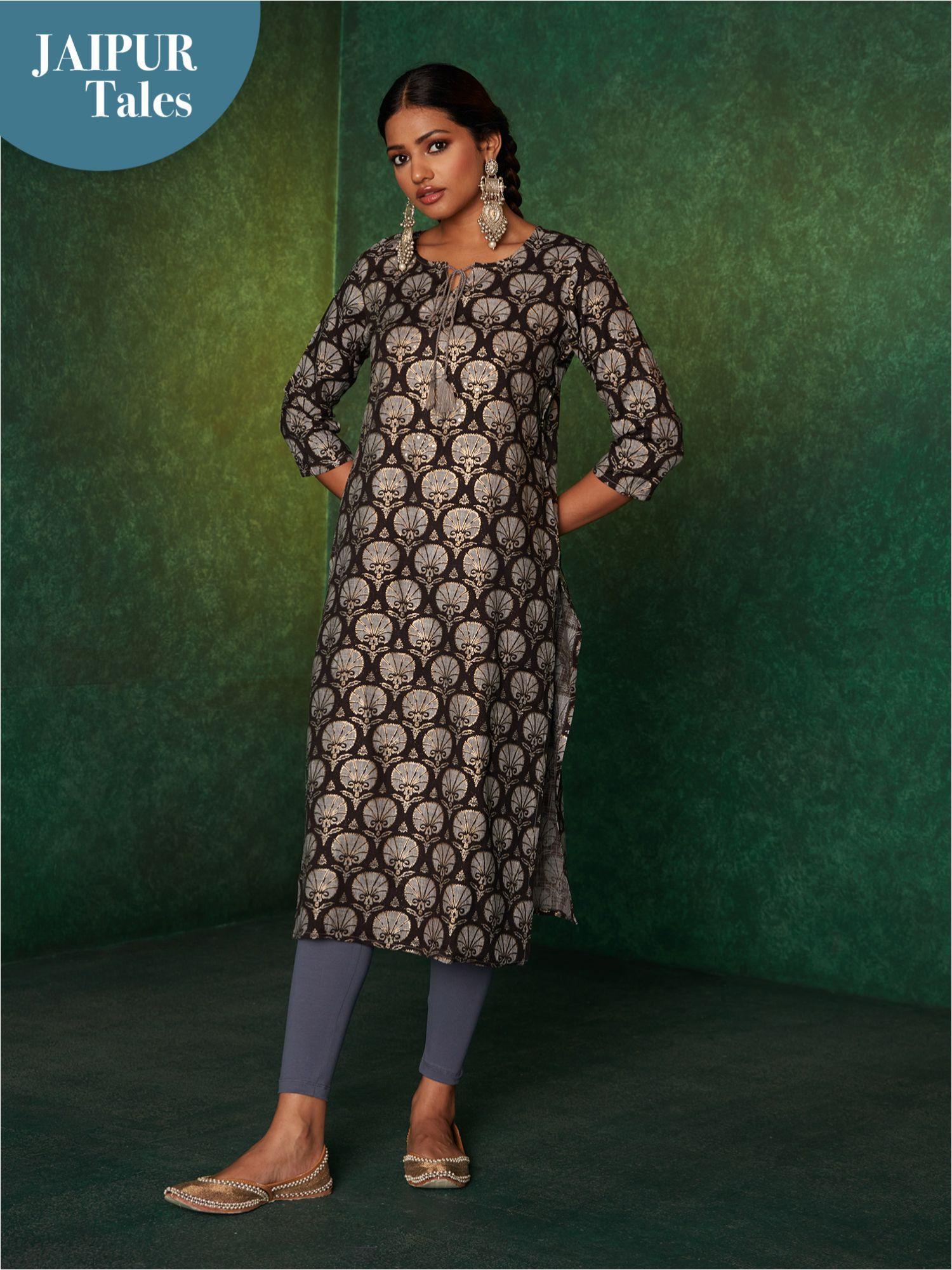 black floral foil printed straight kurta likkur148