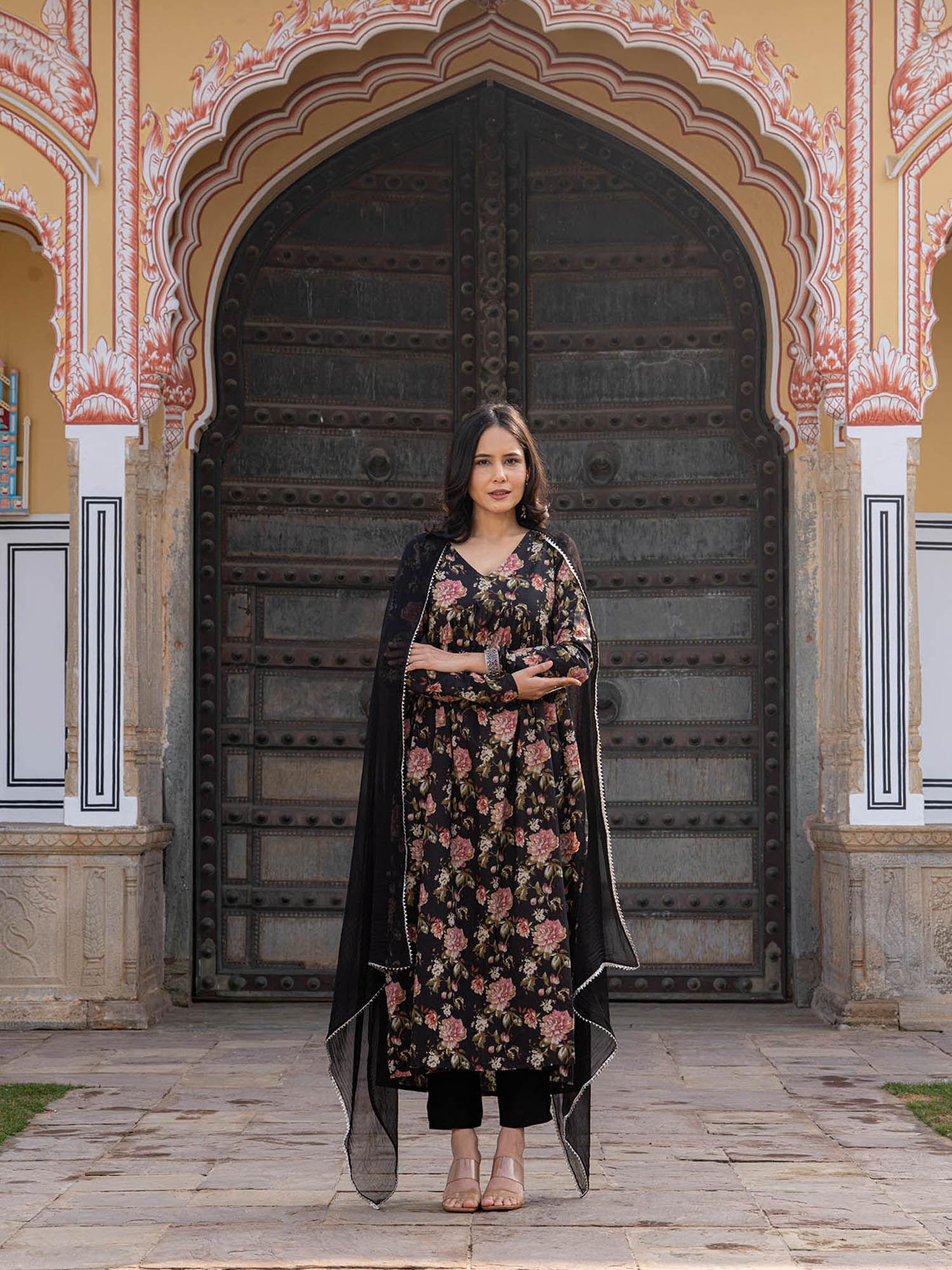 black floral kurta with pant & dupatta (set of 3)