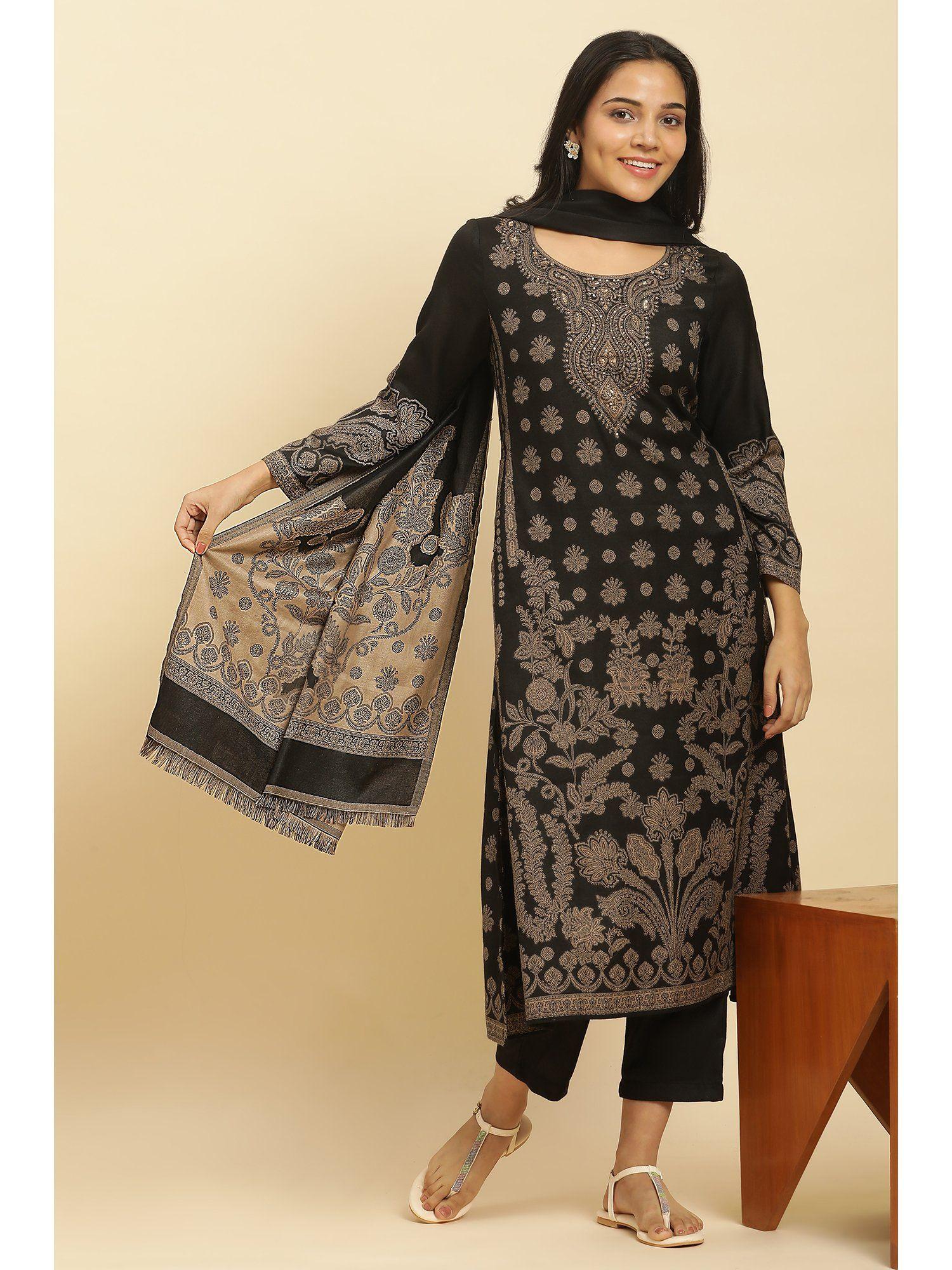 black floral kurta with straight pants & shawl (set of 3)