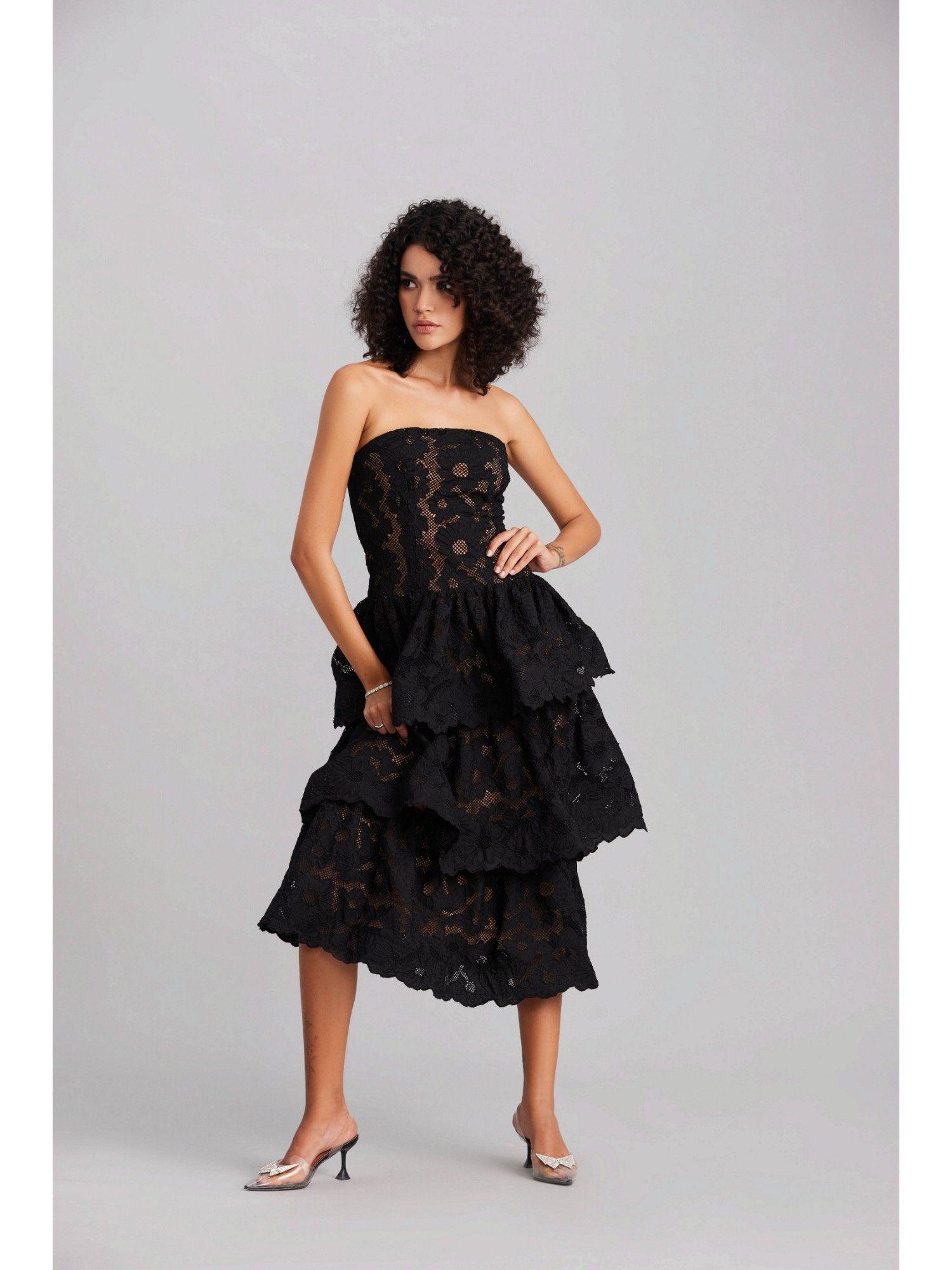 black floral lace layered tube midi dress