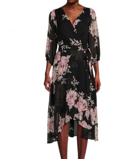 black floral midi faux wrap dress