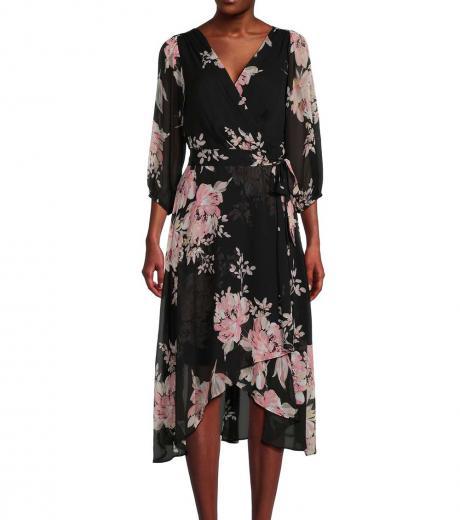 black floral midi faux wrap dress