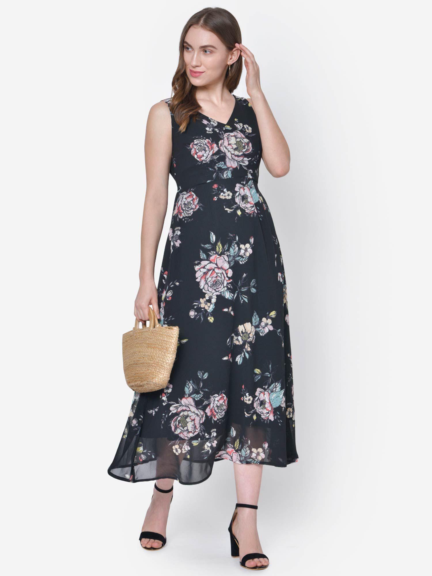 black floral midi v-neck dress