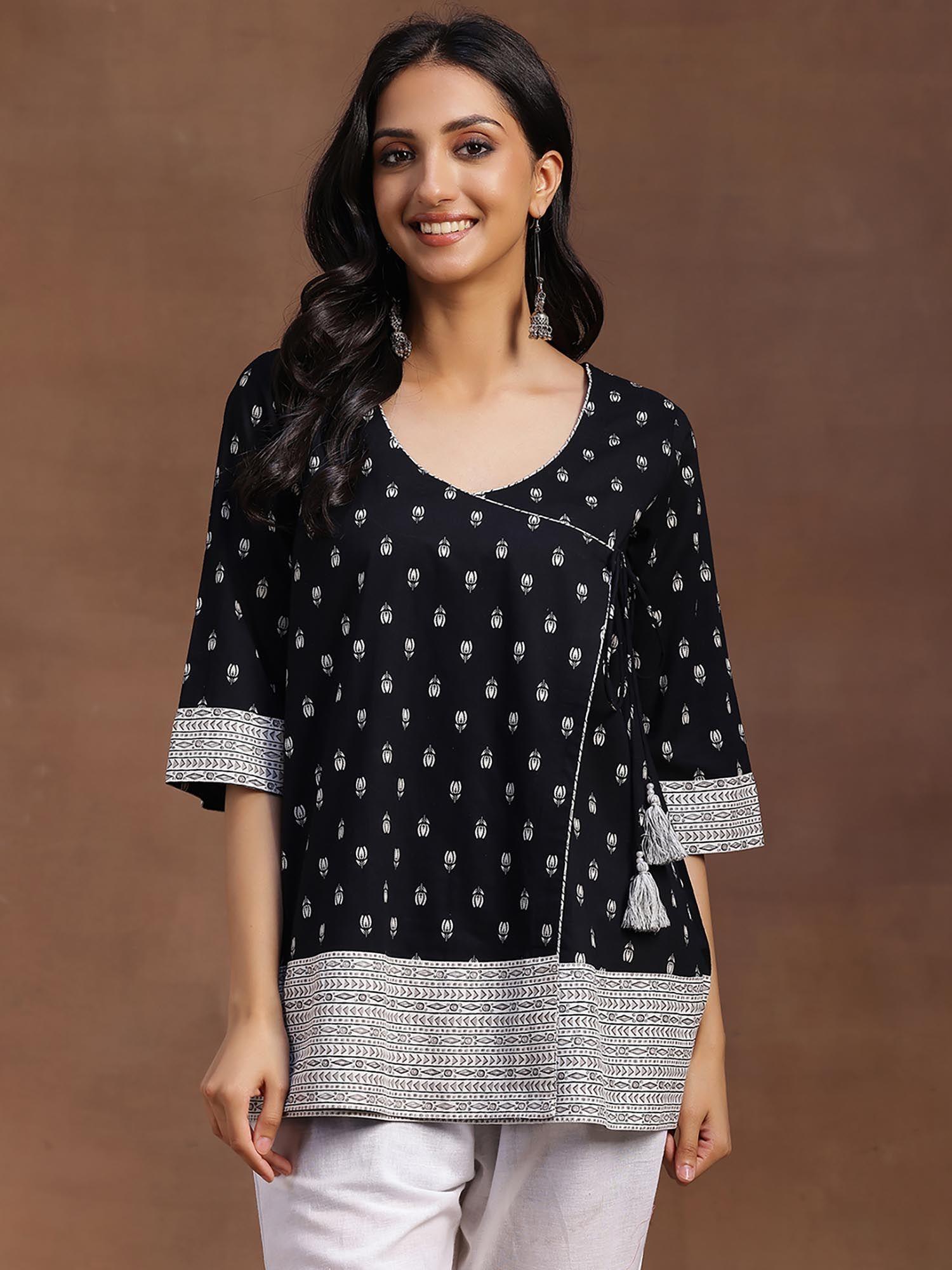 black floral motif printed angrakha style tunic with tassels