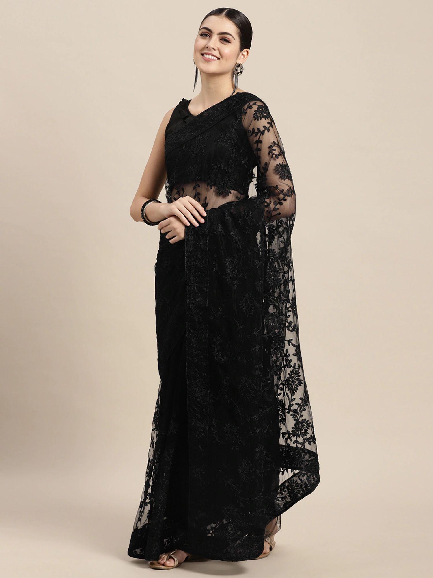 black floral net with embroidered saree with unstitched blouse