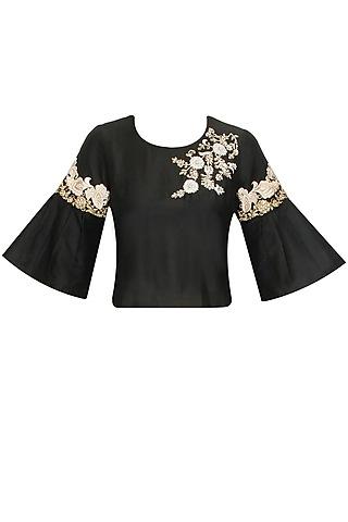 black floral pearl and dabka embroidered crop top