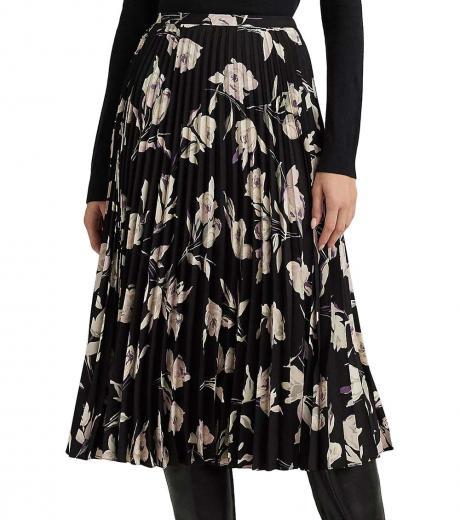 black floral pleated georgette midi skirt