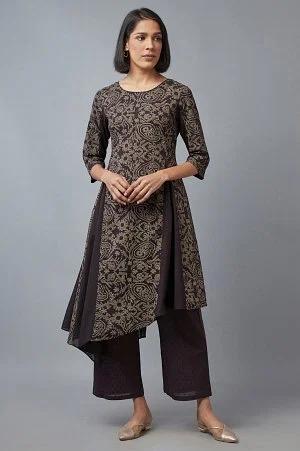 black floral print asymmetric kurta in round neck