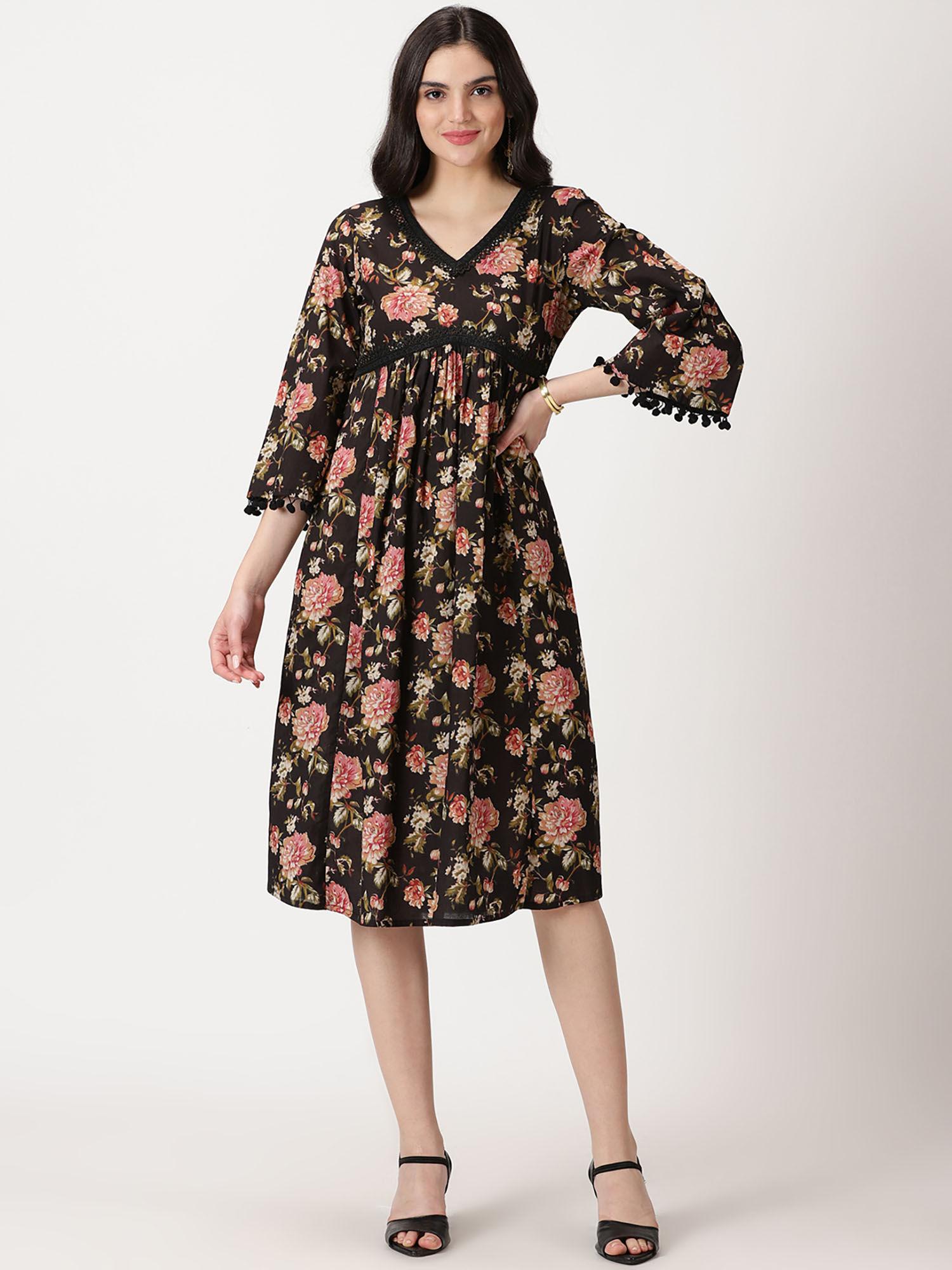 black floral print cotton knee length dress