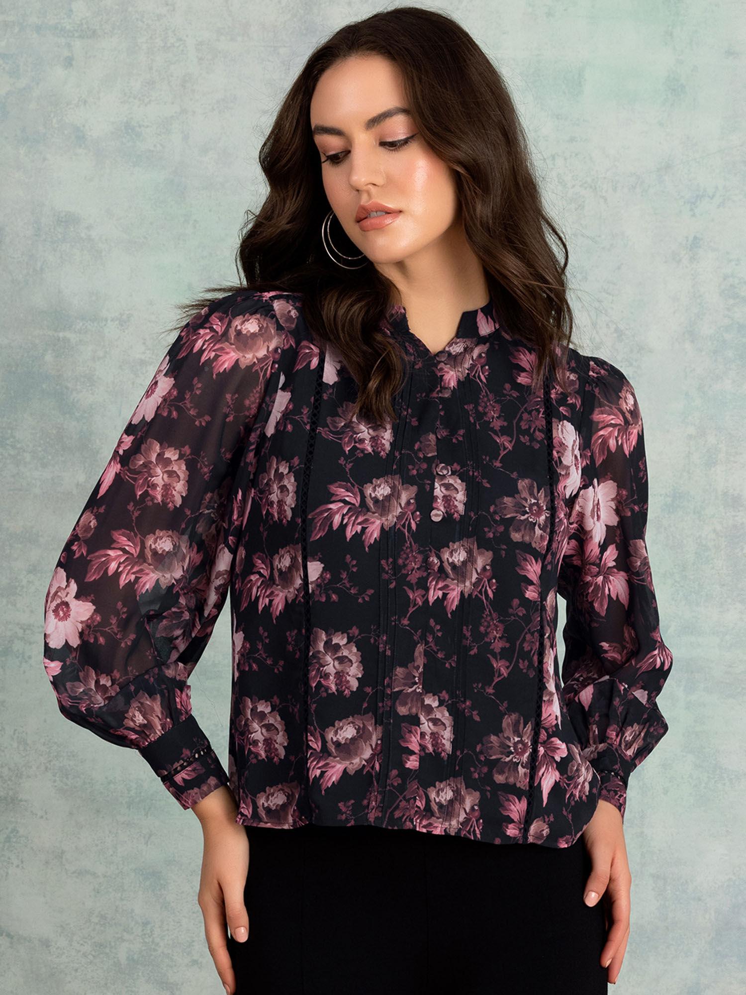 black floral print mandarin neck shirt