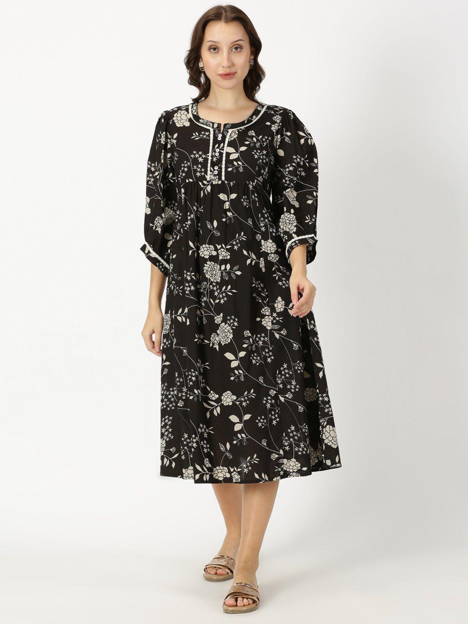 black floral print midi dress with crochet lace