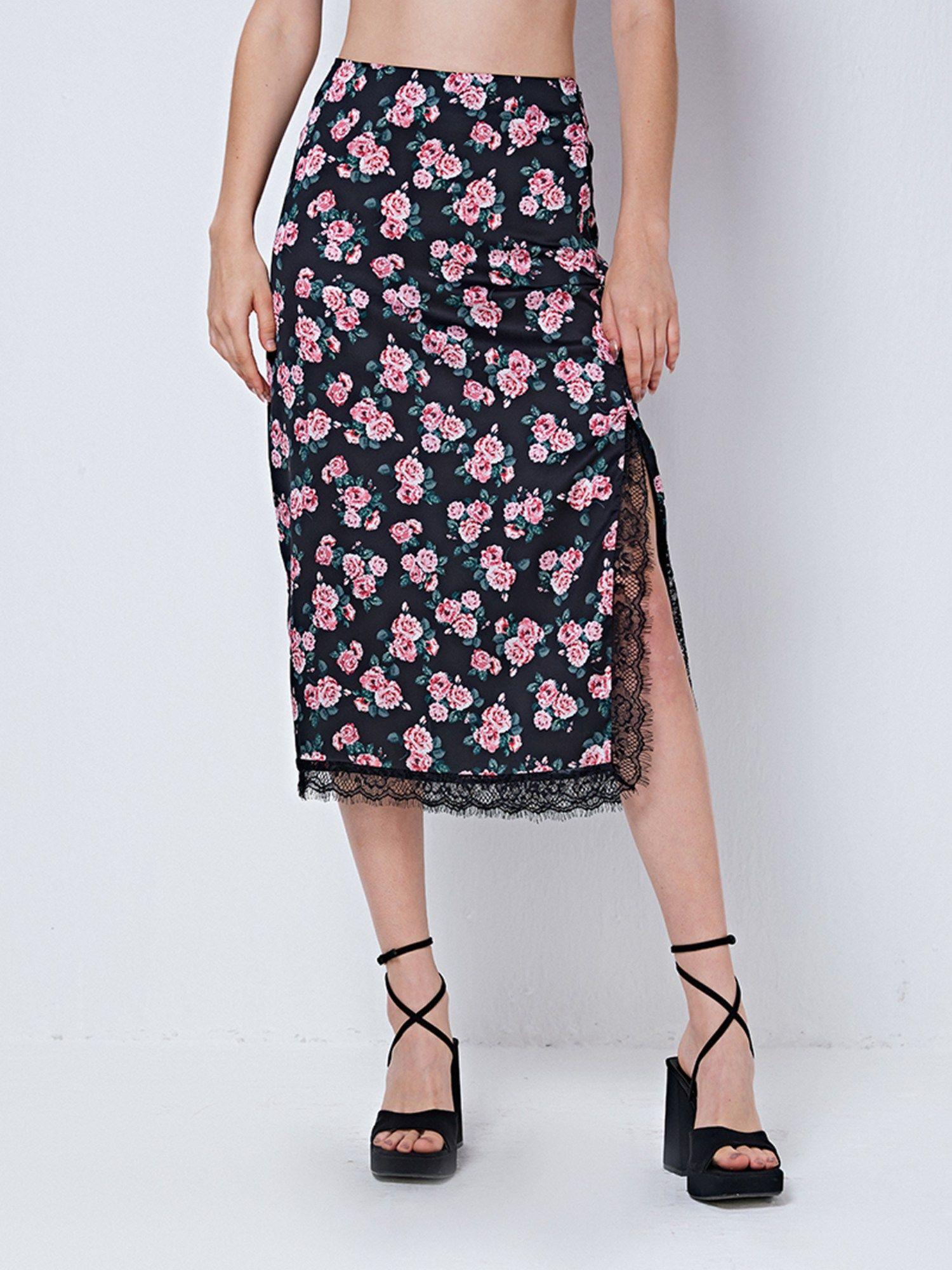 black floral print midi skirt