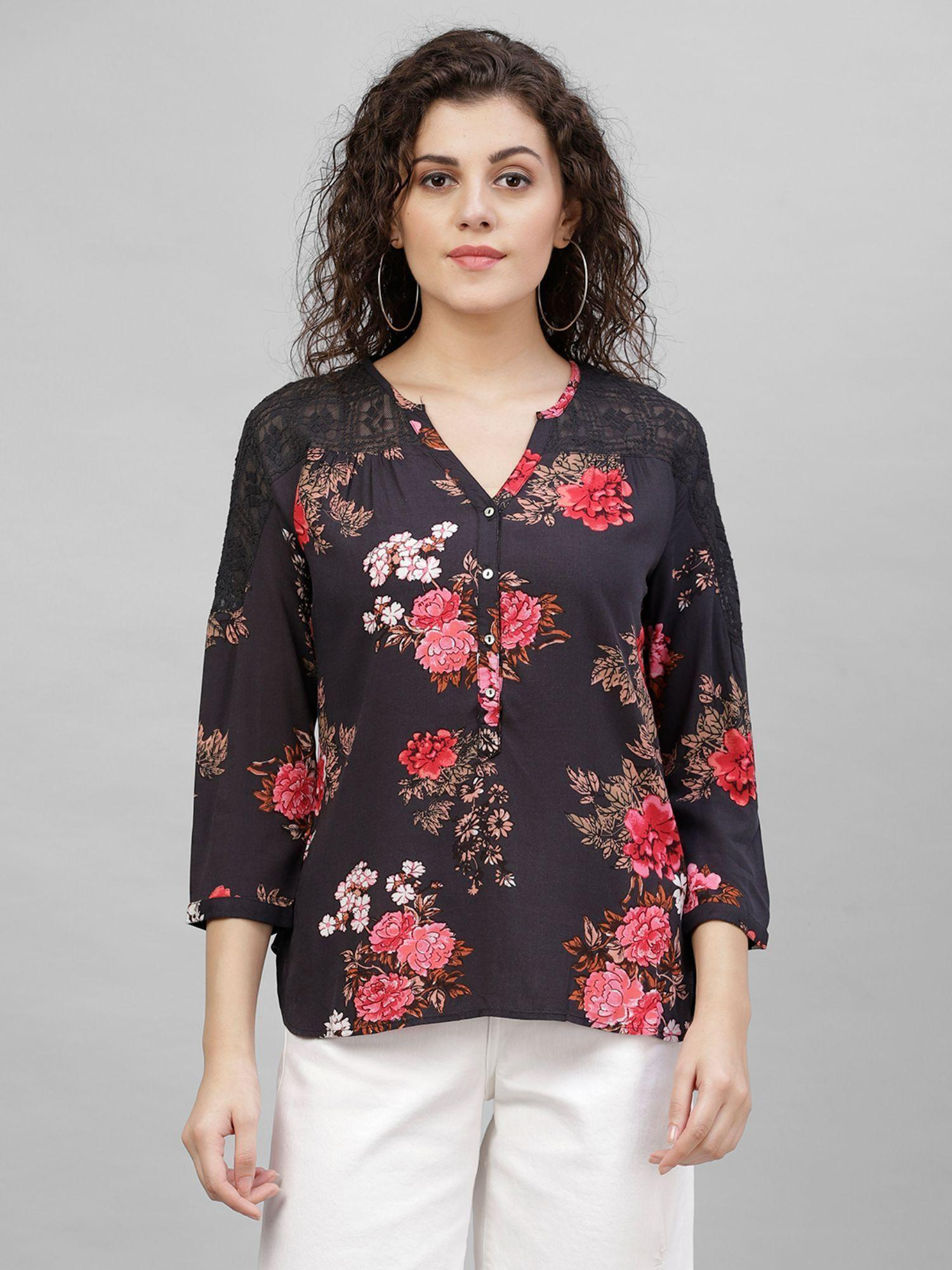 black floral print polyester tunic