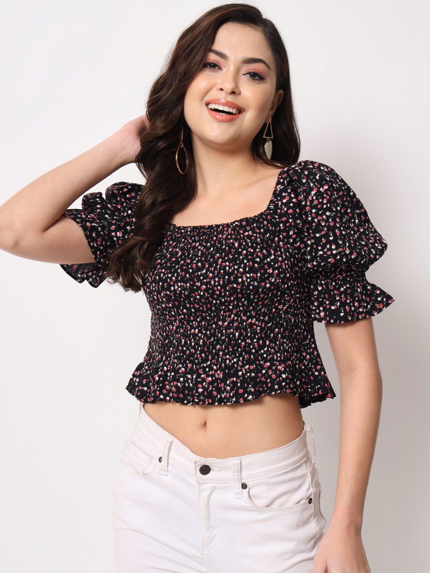 black floral print smocking crop top