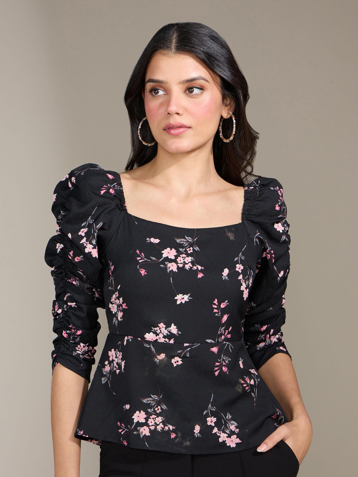 black floral print square neck top