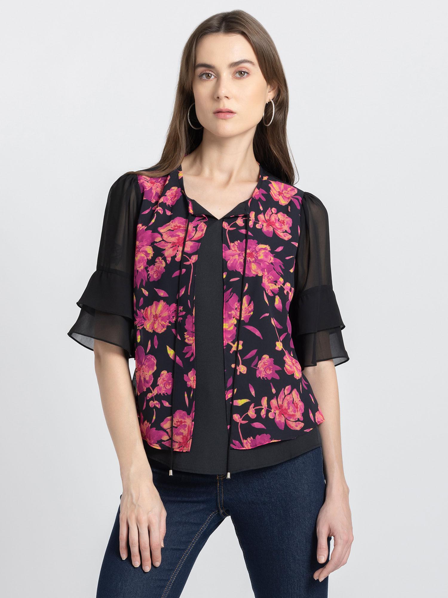 black floral print three fourth sleeves casual tops for women