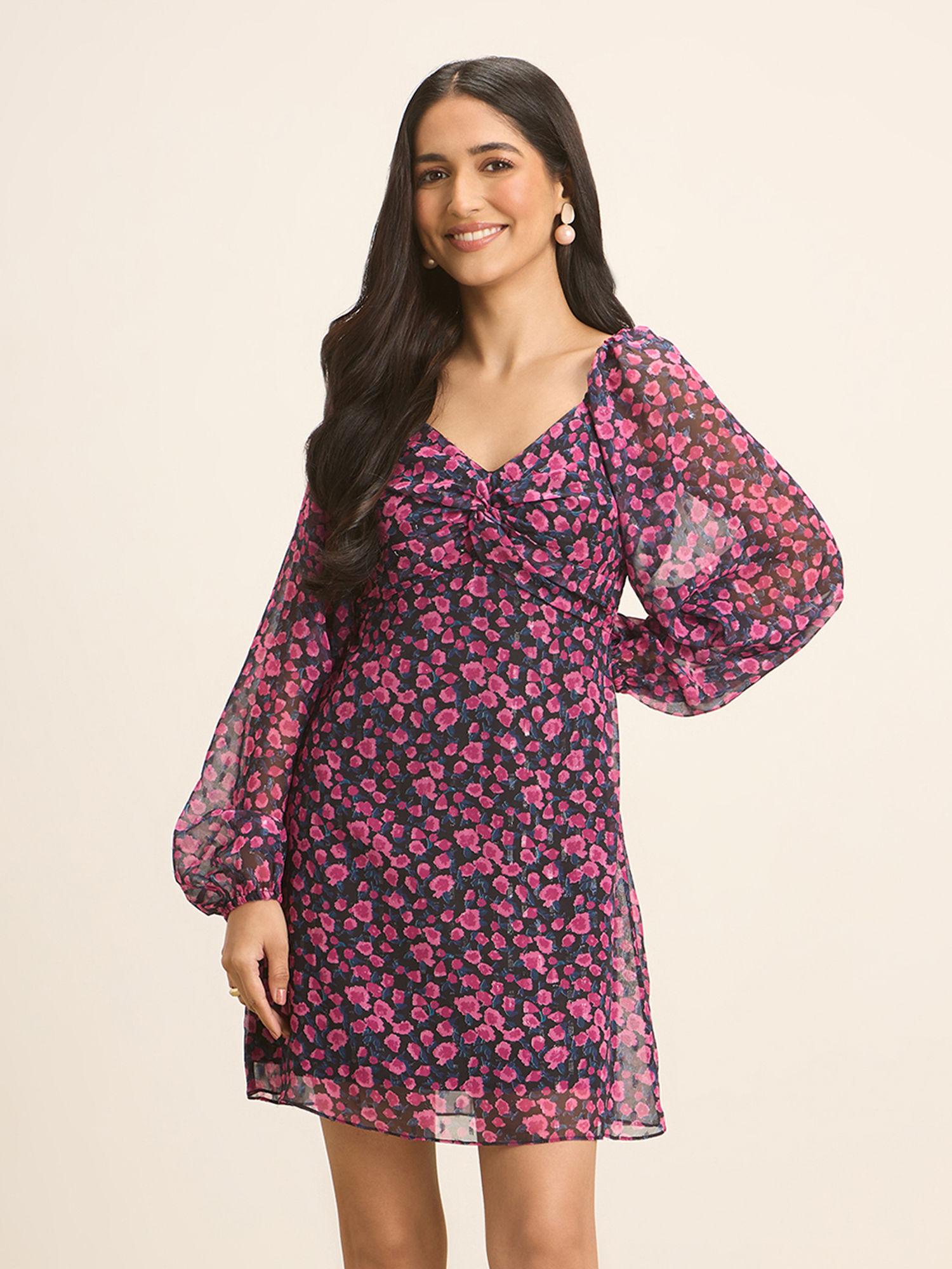 black floral print v neck full sleeves short dress