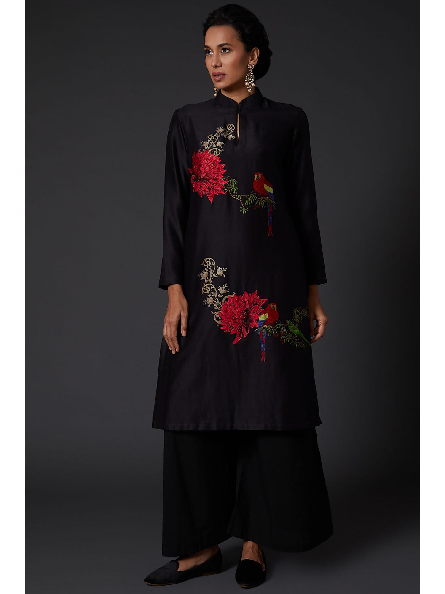 black floral printed & embroidered chanderi silk kurta & palazzo (set of 2)