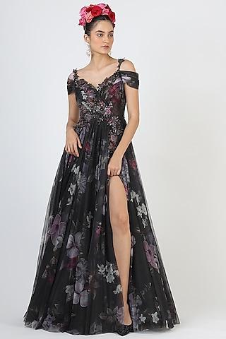 black floral printed & embroidered gown