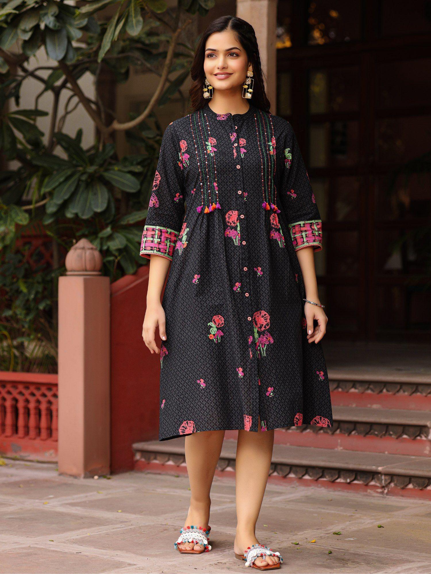 black floral printed a-line pleated cotton dress with kantha work & tassels