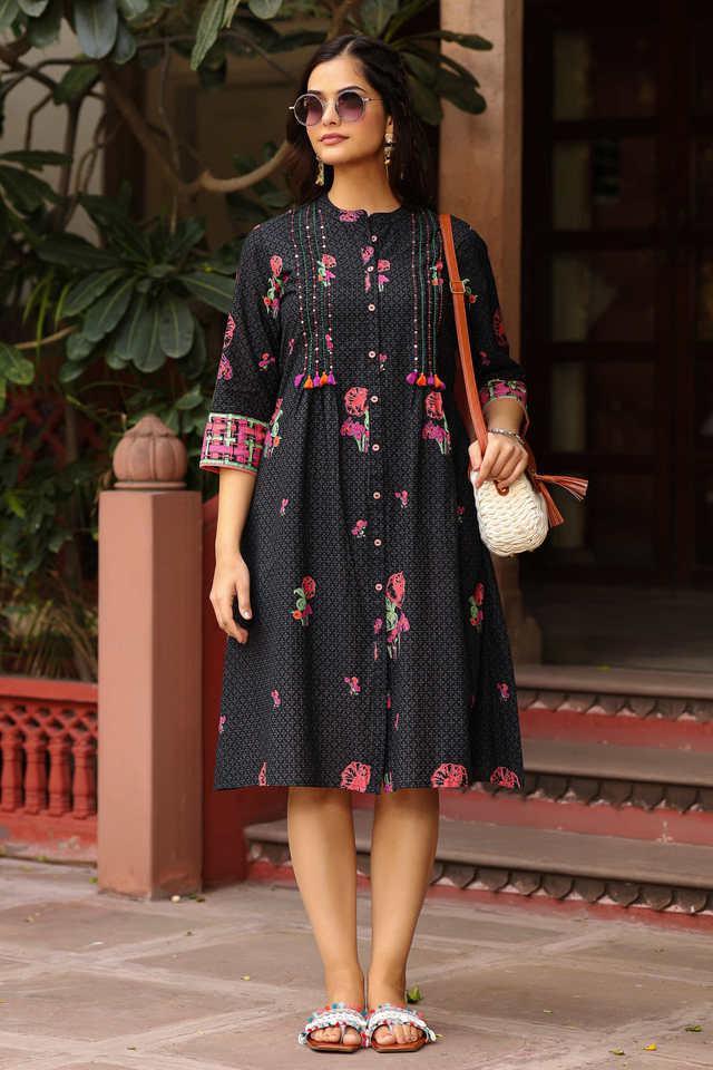 black floral printed a-line pleated cotton dress with kantha work _ tassels