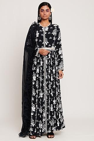 black floral printed anarkali set