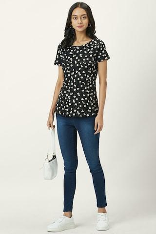 black floral printed casual half sleeves round neck women regular fit t-shirt