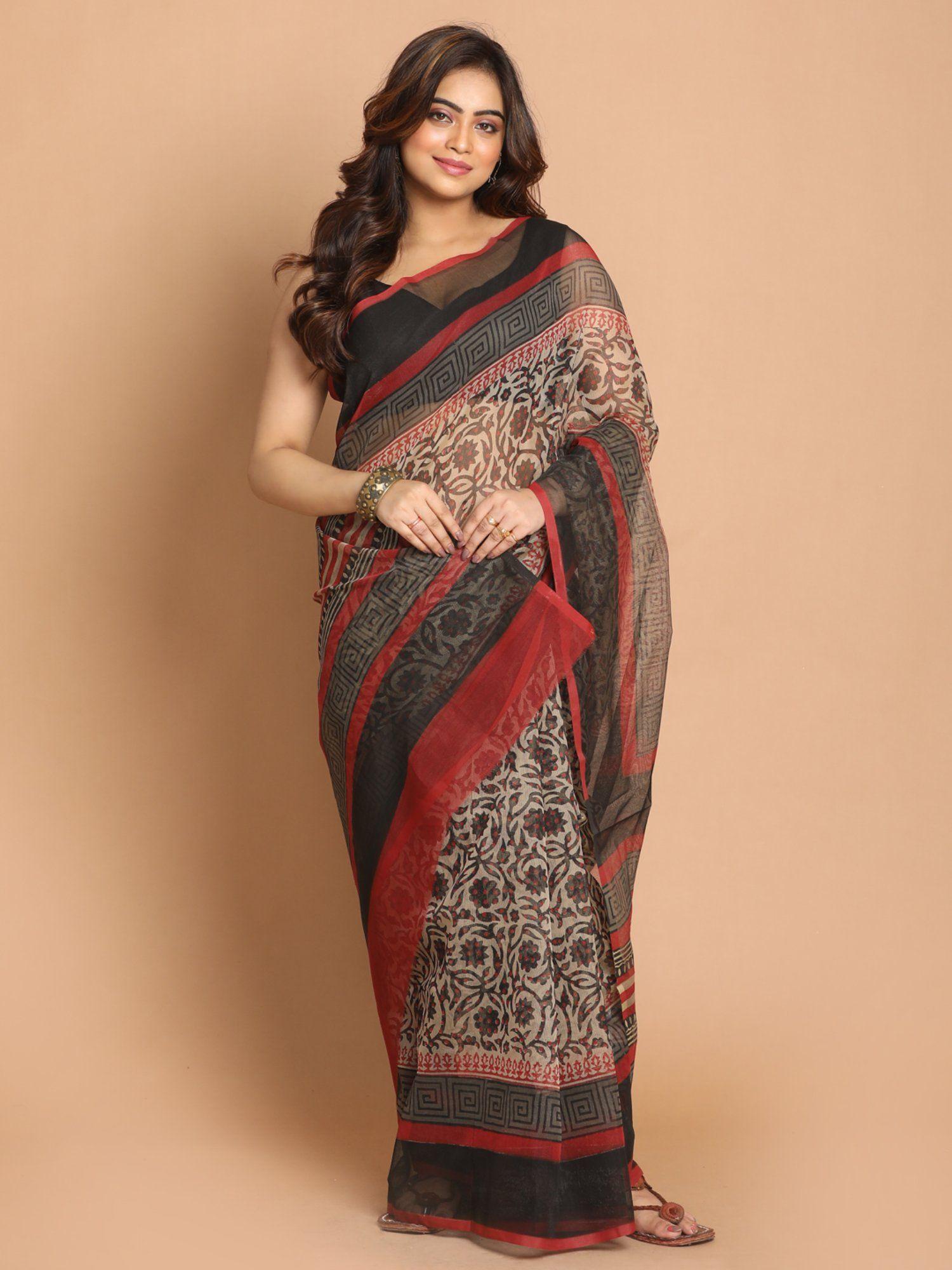 black floral printed cotton blend saree with unstitched blouse