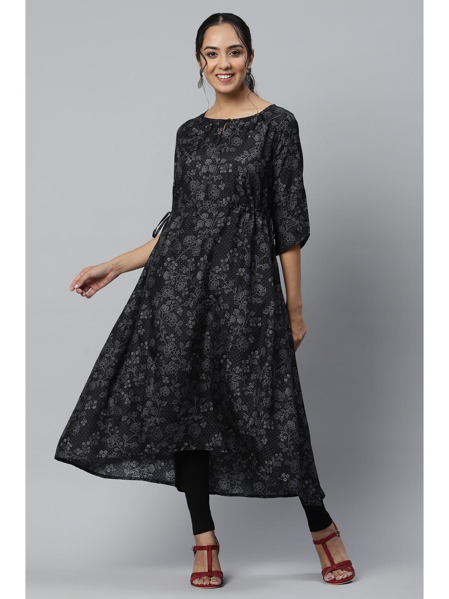 black floral printed kuchai silk kurta