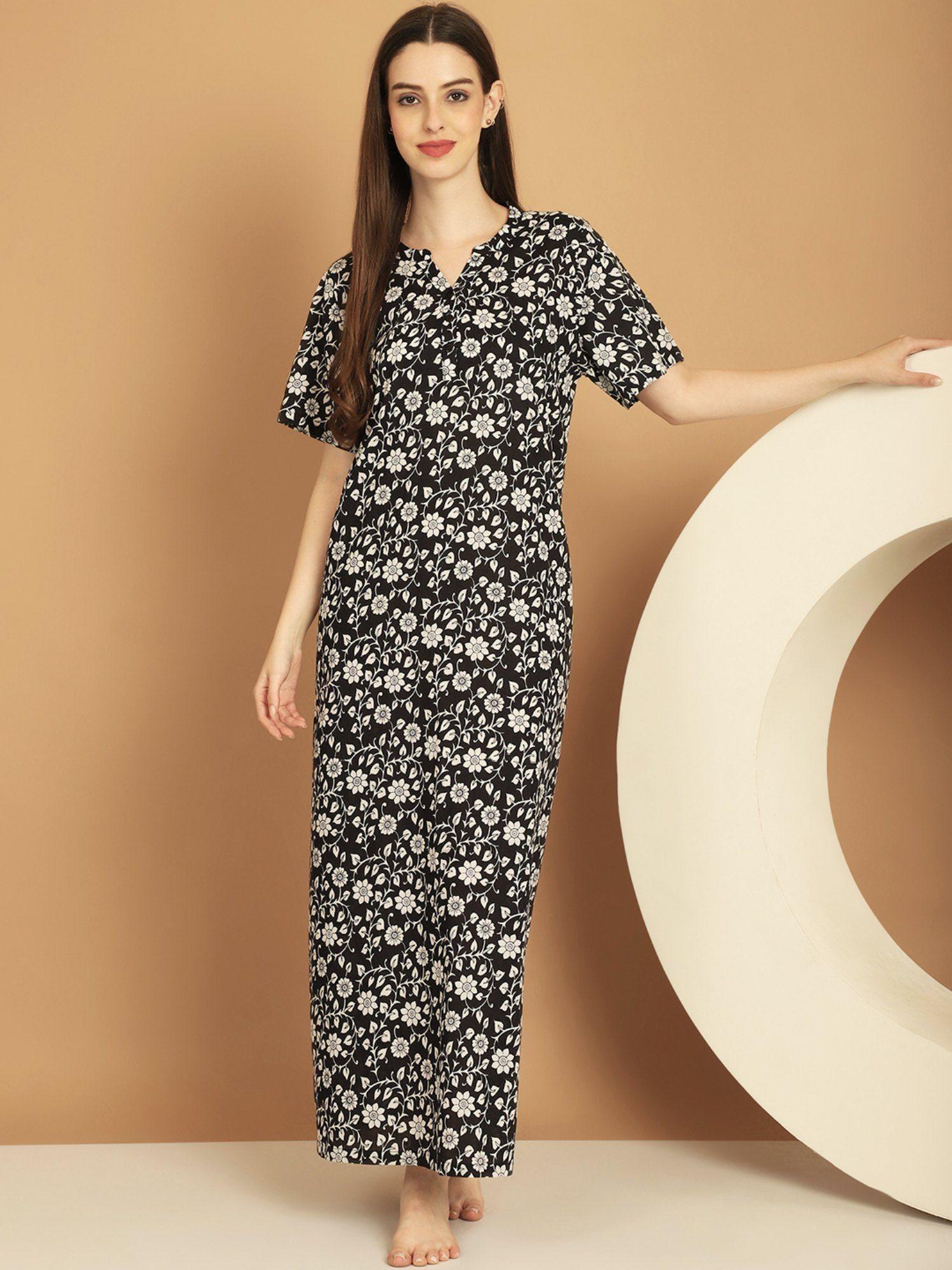 black floral printed mandarin collar pure cotton maxi nightdress